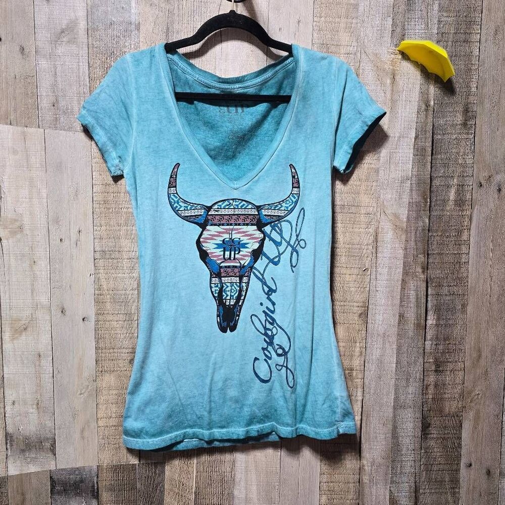 Cowgirl Up Blue Bull Skull Graphic V Neck Tee Large Western Cowgirl Rodeo
